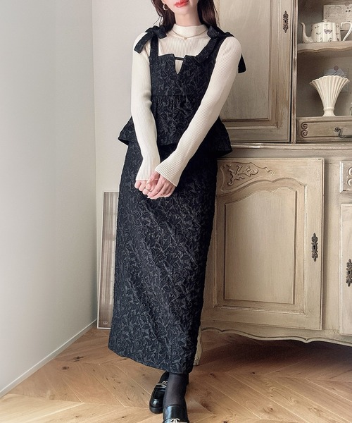 リボンペプラムジャカードワンピース（アイボリー） セレモニーおすすめ！】ペプラム風ジャカードワンピース｜ローラ