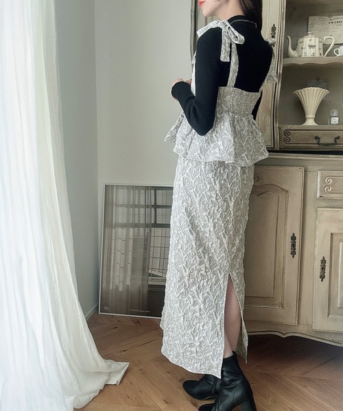 リボンペプラムジャカードワンピース（アイボリー） リボンペプラムジャカードワンピース（アイボリー） リボンペプラム