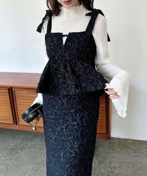 Meiru ワンピース 肩リボンジャガードペプラムキャミワンピース