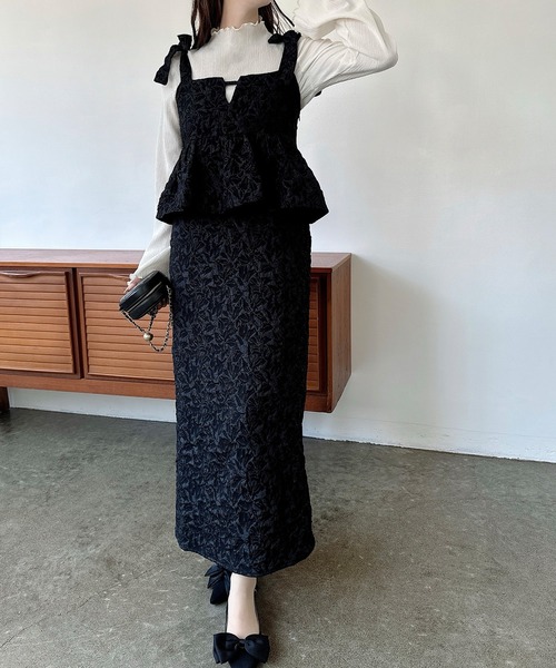 Meiru ワンピース 肩リボンジャガードペプラムキャミワンピース