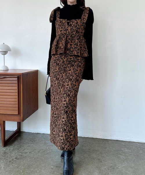 Meiru ワンピース 肩リボンジャガードペプラムキャミワンピース