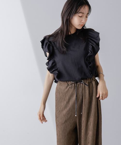 tシャツ 異素材スリーブカットトップス レディース NANO universe tシャツ 異素材コンビフリルスリーブカット