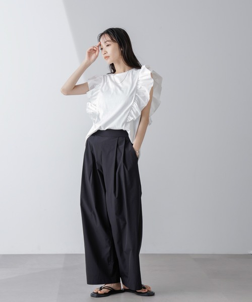 tシャツ 異素材スリーブカットトップス レディース NANO universe tシャツ 異素材コンビフリルスリーブカット