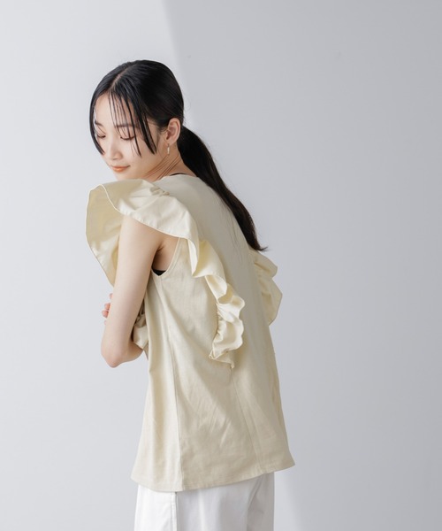 tシャツ フリルスリーブカットトップス レディース NANO universe tシャツ 異素材コンビフリルスリーブカット
