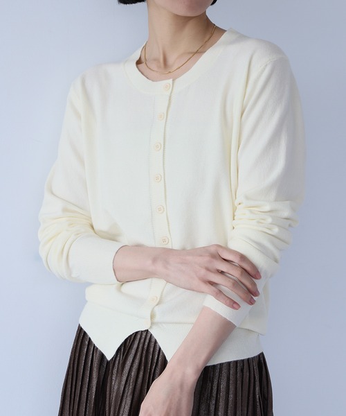 LOWO カーディガン クルーネックハイゲージニットカーディガン