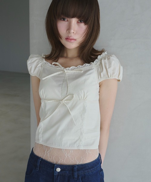 ブラウス シャツ ribbon square neck blouse/リボンスクエアネックブラウス レディース