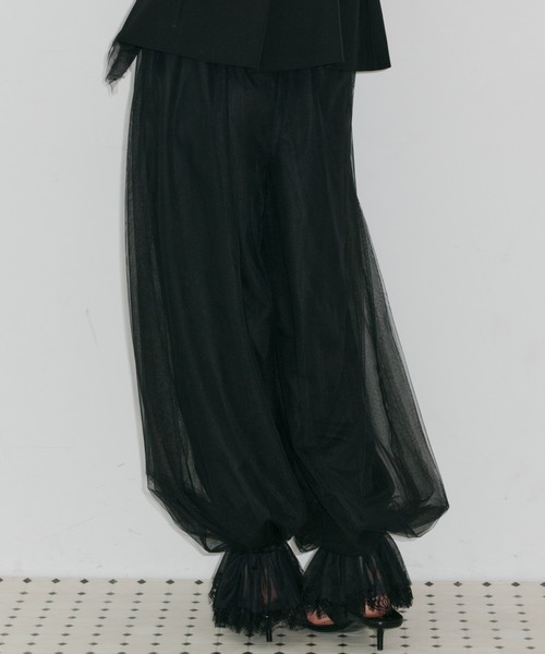 ワイドパンツ パンツ 裾レースチュールバルーンパンツ レディースの画像