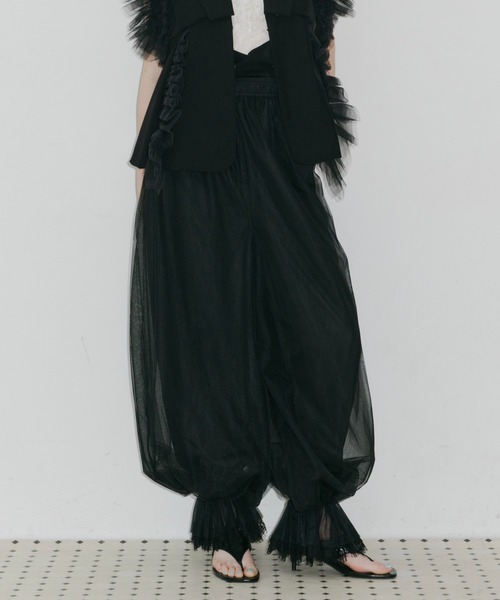 ワイドパンツ パンツ 裾レースチュールバルーンパンツ レディースの画像