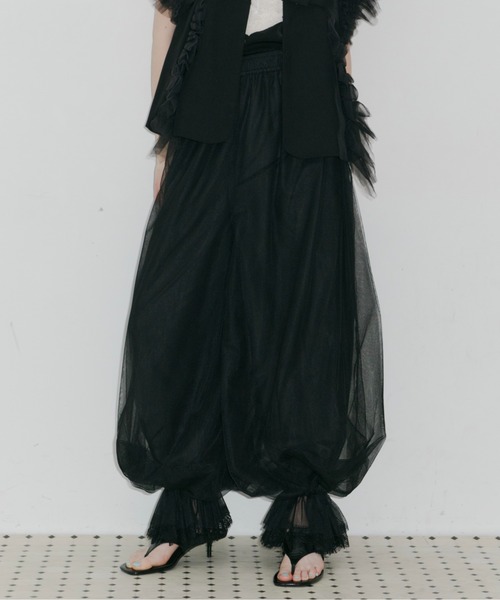 ワイドパンツ パンツ 裾レースチュールバルーンパンツ レディースの画像