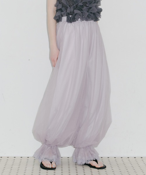ワイドパンツ パンツ 裾レースチュールバルーンパンツ レディースの画像