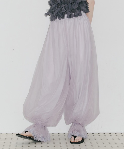 ワイドパンツ パンツ 裾レースチュールバルーンパンツ レディースの画像