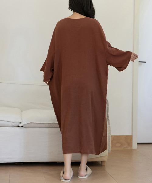 45R 七分袖ワンピース　ドロップショルダー　コットン100 ライトブラウン DAY CLOSET ガウン 「10分丈タイプ」湯あがりにマスト。リラクシー