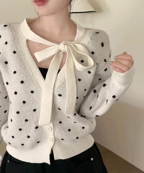 カーディガン 水玉柄リボンタイツーピースニットカーディガン
