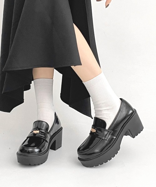 (torinankotu)ブラックレザー ローファー 厚底 Shoes in Closet（シュークロ） ローファー 厚底 ヒールアップ コイン