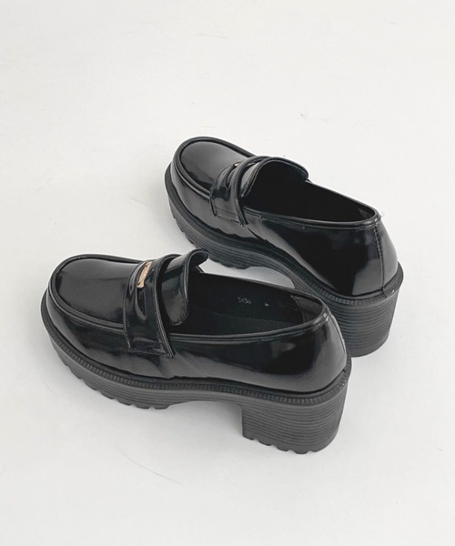 (torinankotu)ブラックレザー ローファー 厚底 Shoes in Closet（シュークロ） ローファー 厚底 ヒールアップ コイン