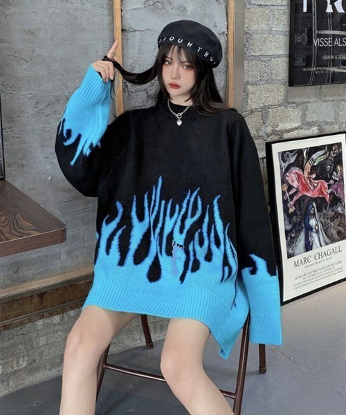 「NOVESSEL」 長袖ニット X-LARGE ブラック×パープル レディース_画像2