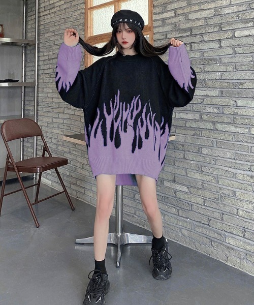 「NOVESSEL」 長袖ニット X-LARGE ブラック×パープル レディース_画像4