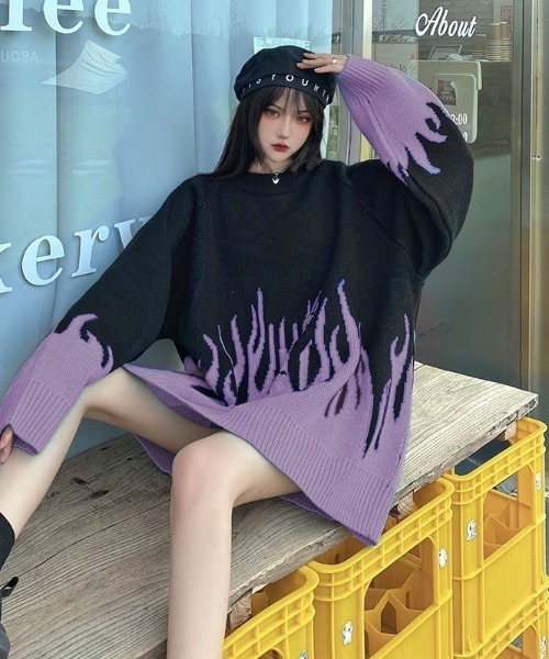 「NOVESSEL」 長袖ニット X-LARGE ブラック×パープル レディース_画像6