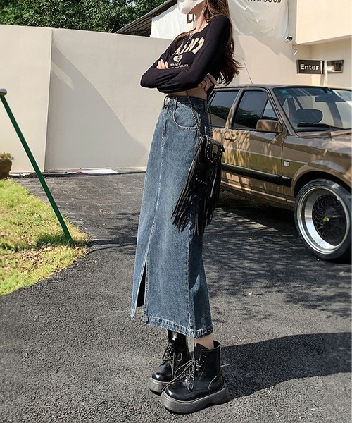 「BLANC FICELLE」 デニムスカート X-LARGE インディゴブルー レディース_画像9