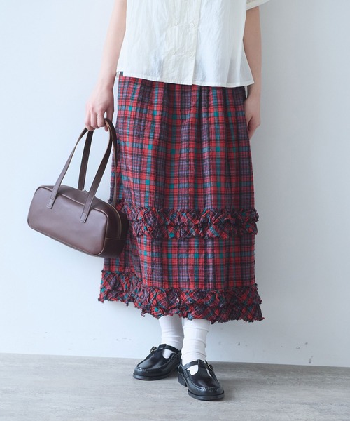 bulle de savon コットンワッシャーツイルチェックスカート bulle de savon（ビュルデサボン） スカート タータンCHECK プリーツ
