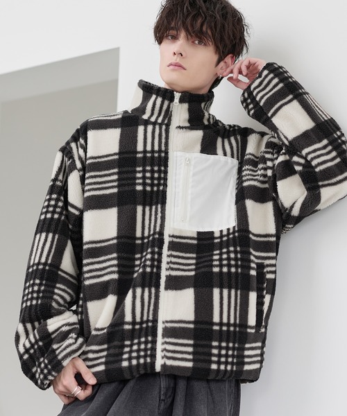 美品❤️ラインストーン❤️Black&White ボアフリースジャケット ブルゾン ブルゾン アウター 「25AW」防風ボア袖ライン切替スタンドネック