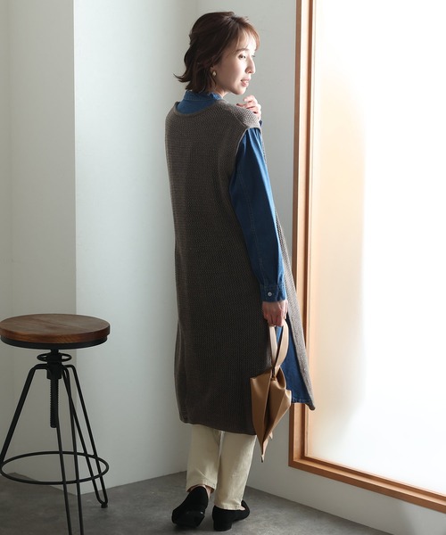 ElegChic ベスト ジレ メッシュニットロングベスト レディース