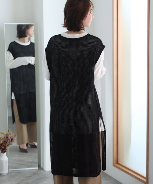 ElegChic ベスト ジレ メッシュニットロングベスト レディース
