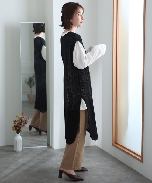 ElegChic ベスト ジレ メッシュニットロングベスト レディース