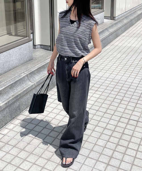 ベスト ジレ メッシュボーダーサマーニットベスト レディース