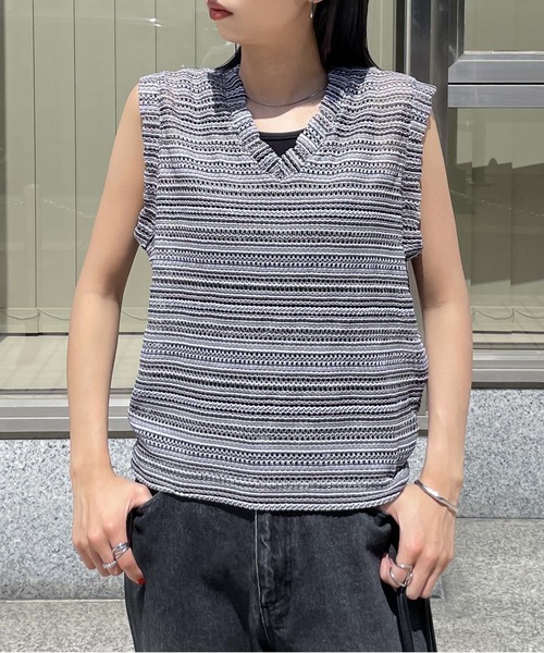 ベスト ジレ メッシュボーダーサマーニットベスト レディース 