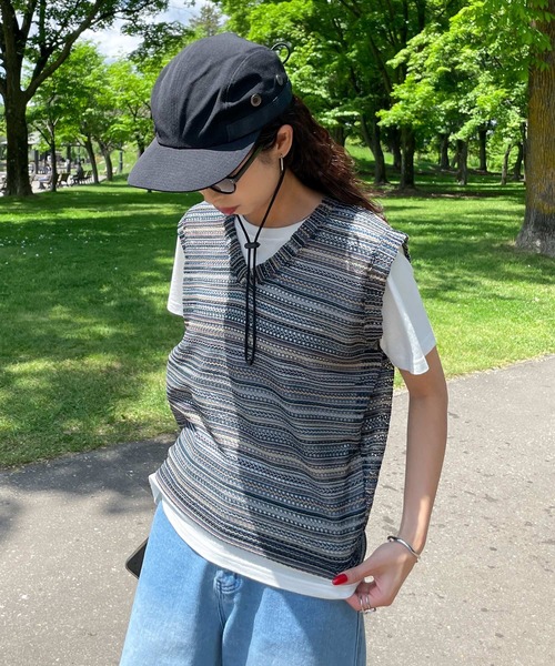 ベスト ジレ メッシュボーダーサマーニットベスト レディース