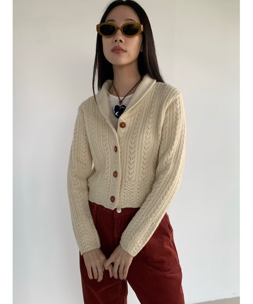 カーディガン 「DIDOT.」カシミヤウールショールカラークロッシェニットカーディガン レディース
