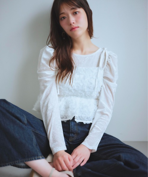 tシャツ フラワーキャミソール＆シアーベロアセット レディース