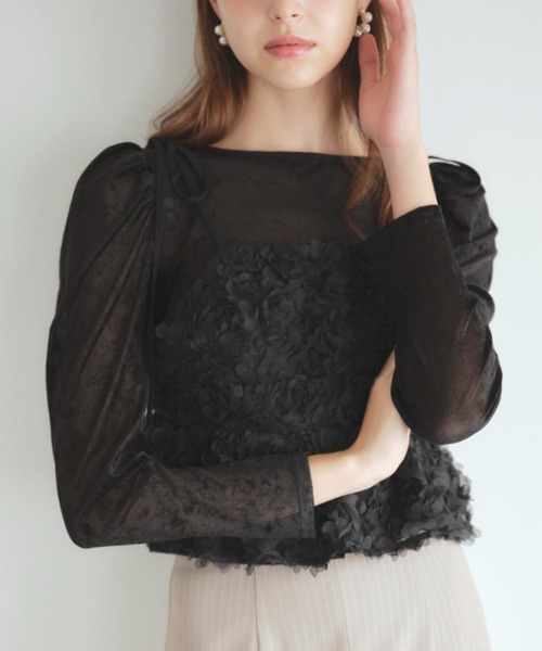 LANTINAM tシャツ フラワーキャミソール＆シアーベロアセット