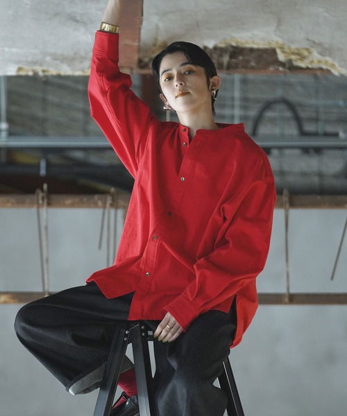 Aphlotus シャツ サイドスリット スタンドカラーセミロング オーバー