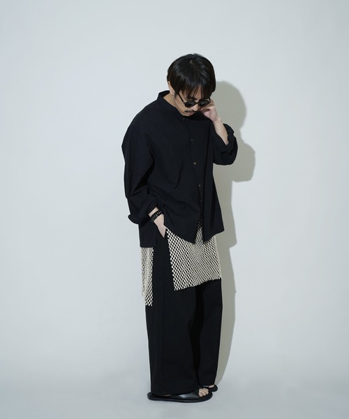 Aphlotus シャツ サイドスリット スタンドカラーセミロング オーバー