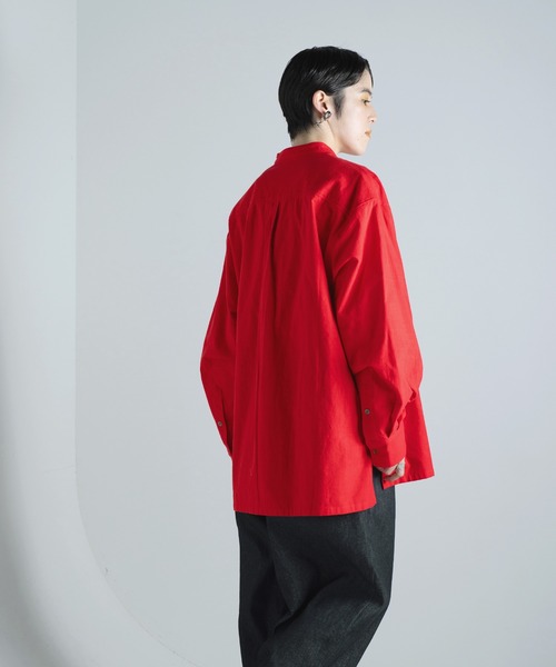 machattスタンドカラーオーバーシャツ赤 Aphlotus シャツ サイドスリット スタンドカラーセミロング オーバー