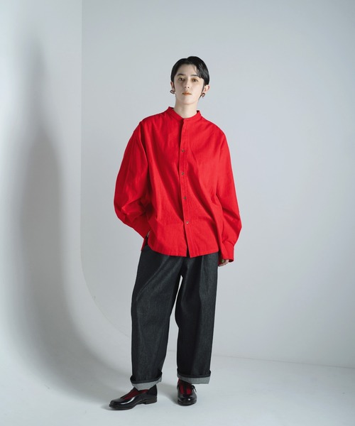 machattスタンドカラーオーバーシャツ赤 Aphlotus シャツ サイドスリット スタンドカラーセミロング オーバー