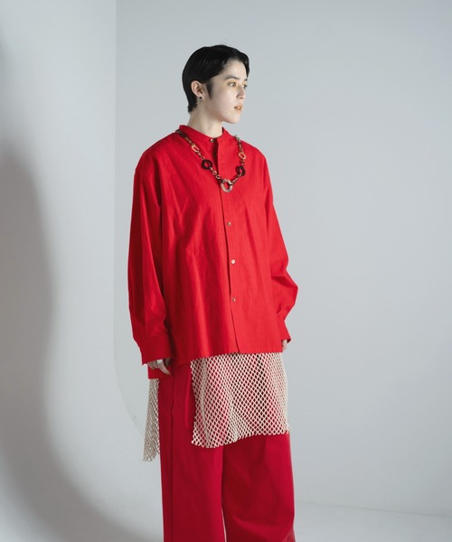 Aphlotus シャツ サイドスリット スタンドカラーセミロング オーバー