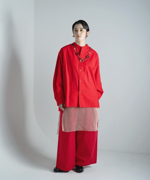 美品　オトアー　リネン　ギャザー　スタンドカラー　オーバーサイズ　シャツ　日本製 ANPAS シャツ Oversize Assort Open Collar Shirt/オーバー