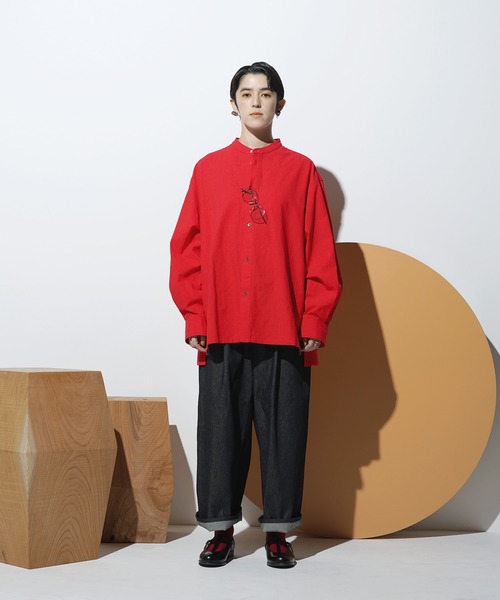 Aphlotus シャツ サイドスリット スタンドカラーセミロング オーバー