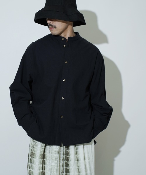 Aphlotus シャツ サイドスリット スタンドカラーセミロング