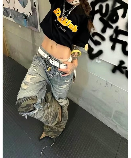 FUNdaysion ジーンズ デニム デニムパンツ 迷彩×クラッシュ