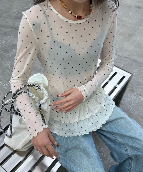MEMECLE（メメクル） tシャツ 「 」シースルースキン ドットフリル