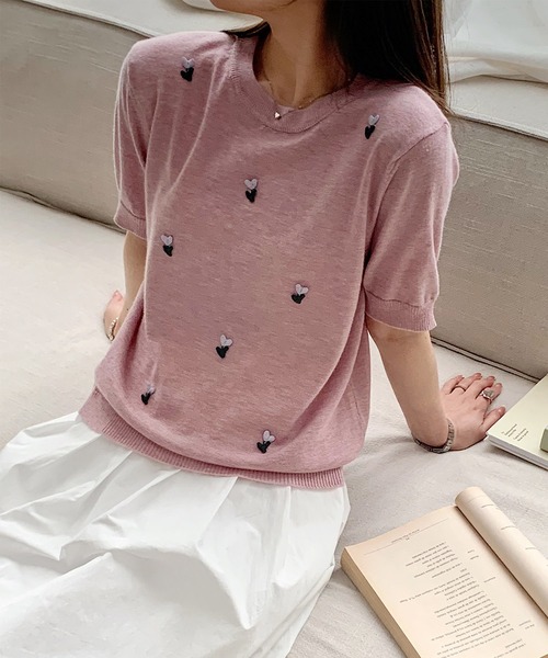 ピンク刺繍入りニット半袖トップス BANICO ニット セーター ハート刺繍入り半袖ニットトップス (SS