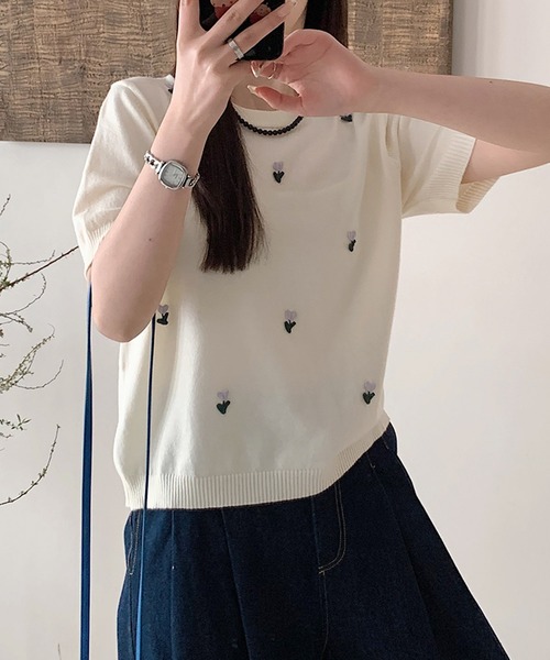 BANICO ニット セーター ハート刺繍入り半袖ニットトップス (SS