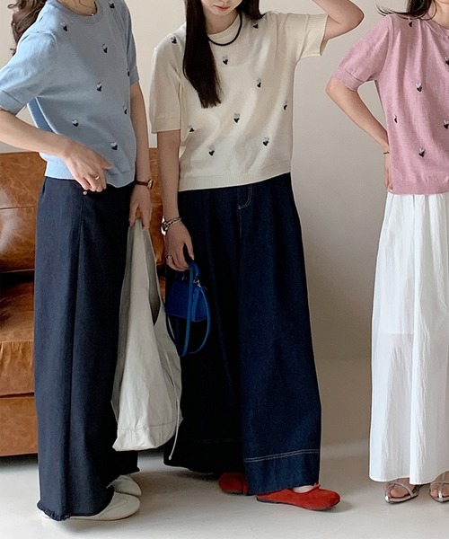 BANICO ニット セーター ハート刺繍入り半袖ニットトップス (SS