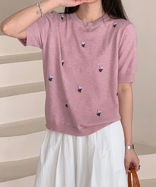 BANICO ニット セーター ハート刺繍入り半袖ニットトップス (SS