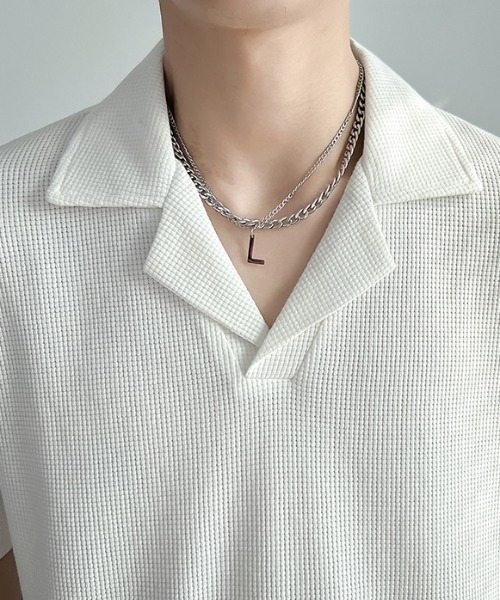  ワッフル ポロシャツ size L link lot ポロシャツ 半袖 オープンカラーワッフルポロシャツ メンズ