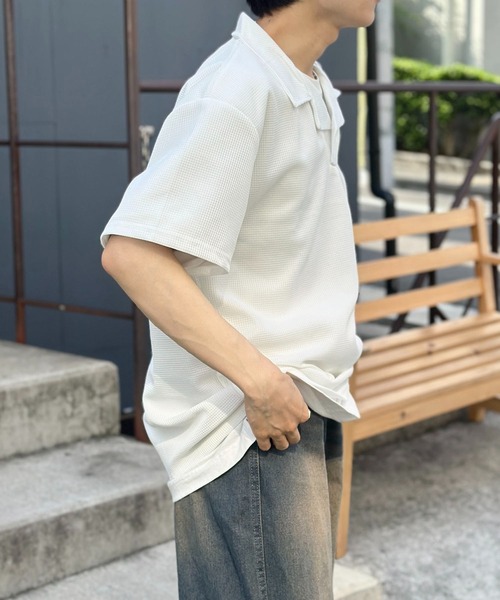 メンズバイカラーワッフルポロTシャツ半袖ストリート ワッフルロンt メンズ ポロシャツ 半袖[品番：II000011743